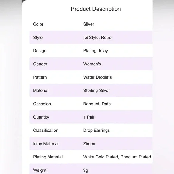 925 Sterling Silver White Gold Plated Rhodium Plated Drop Earrings - Picture 4 of 8